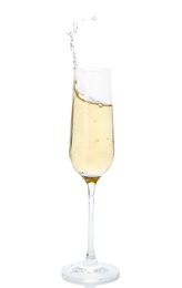 Photo of Glass of champagne on white background. Festive drink