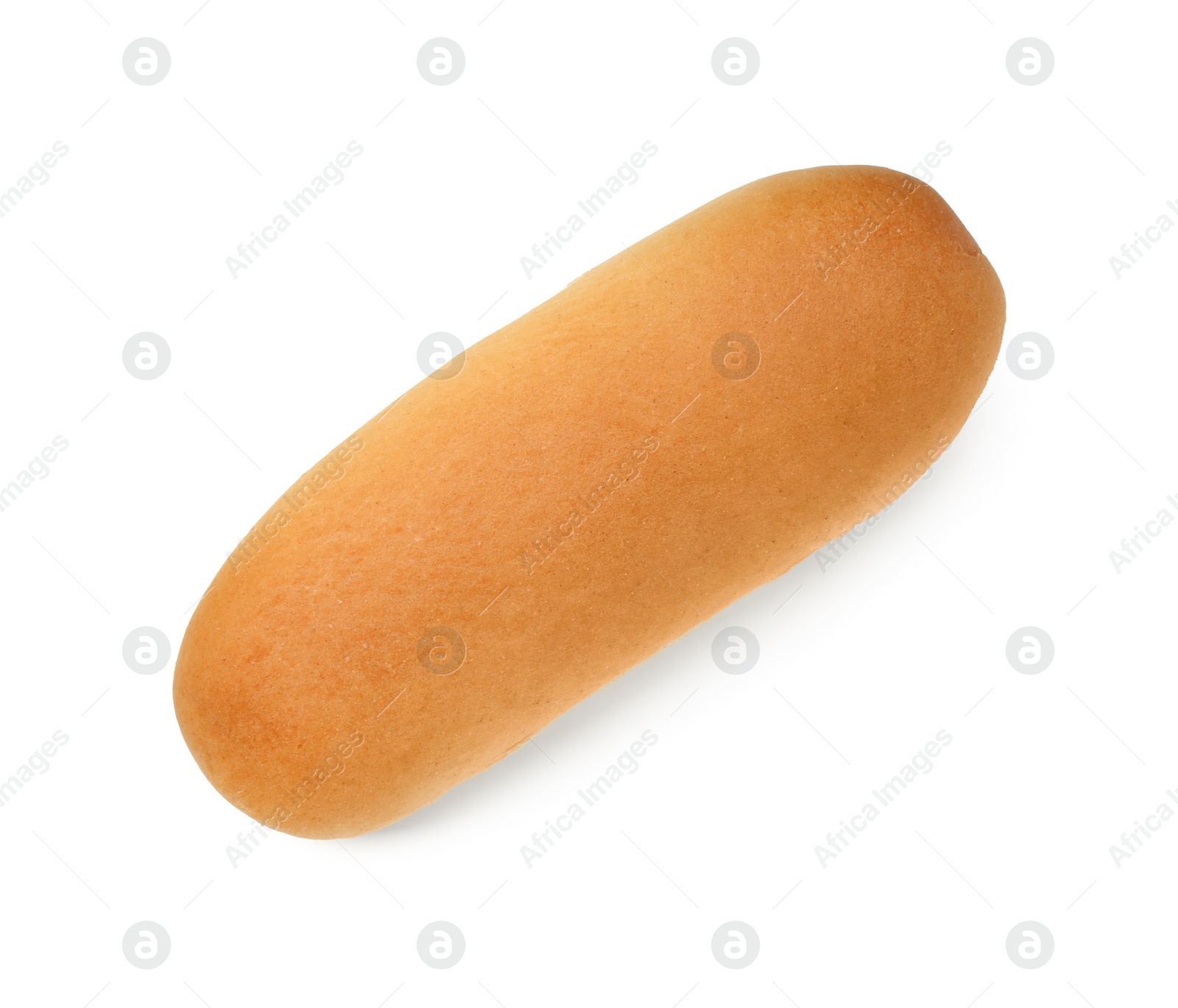 Photo of One fresh hot dog bun isolated on white, top view