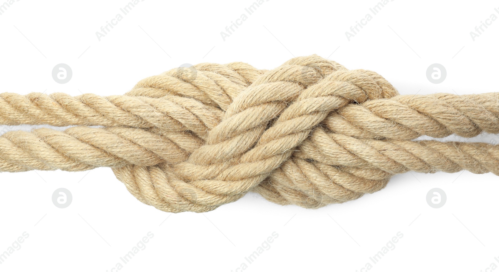 Photo of Hemp rope with knot isolated on white, top view