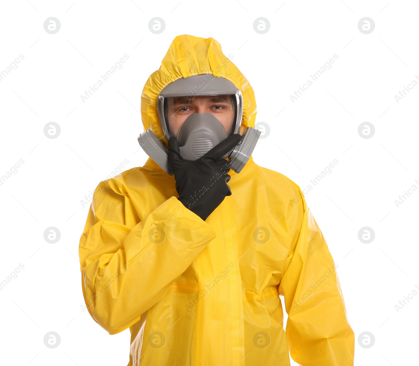 Photo of Man wearing chemical protective suit on white background. Virus research