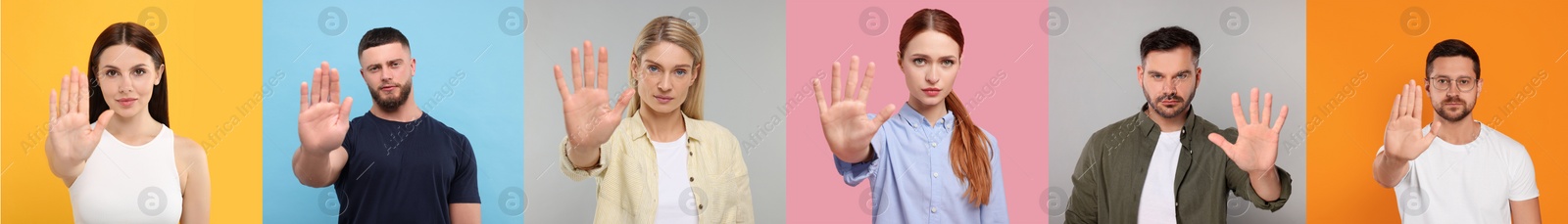 Image of People showing stop gesture on different color backgrounds. Collage with photos