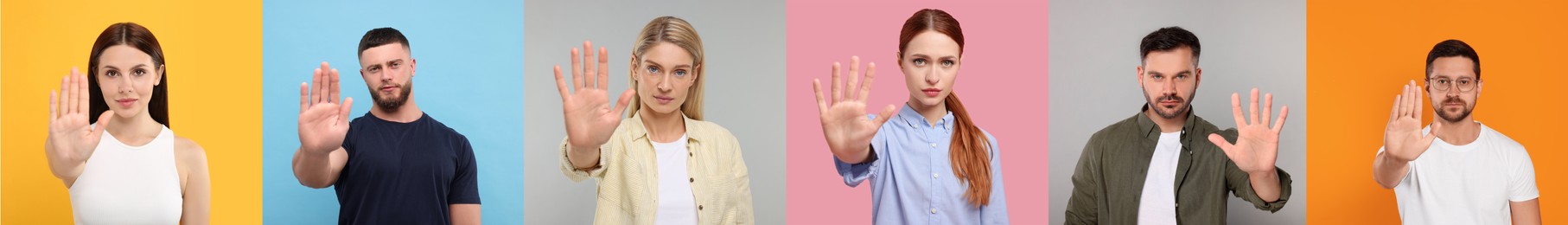 People showing stop gesture on different color backgrounds. Collage with photos