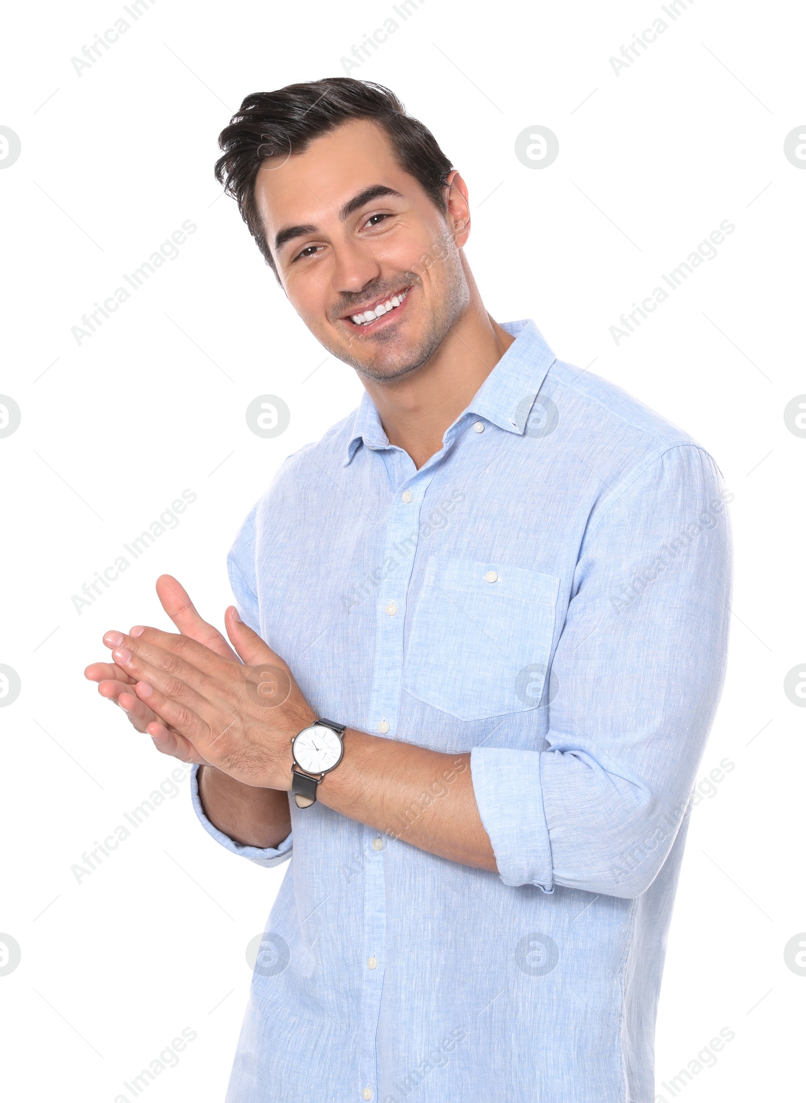 Photo of Portrait of handsome young man on white background