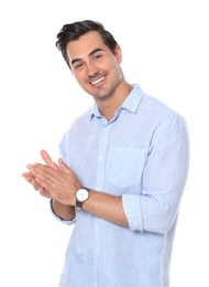 Photo of Portrait of handsome young man on white background