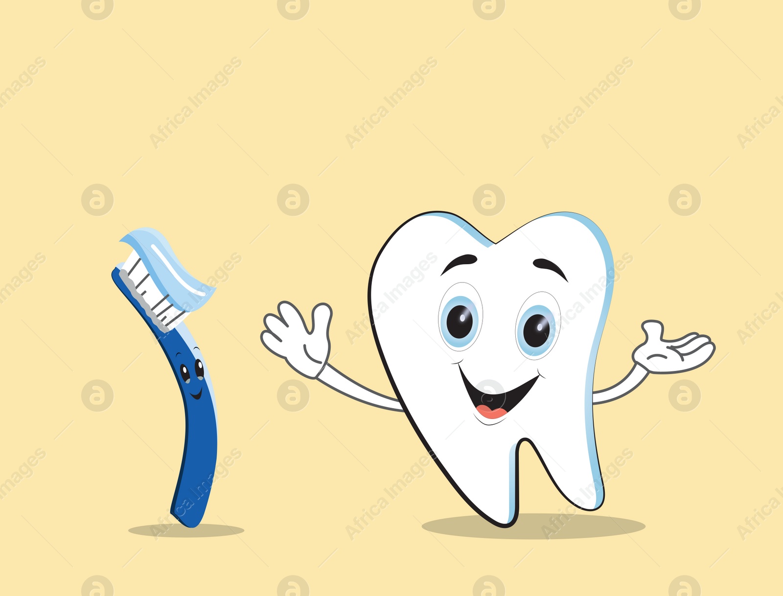 Illustration of Healthy tooth and brush with paste on beige background. Dental care