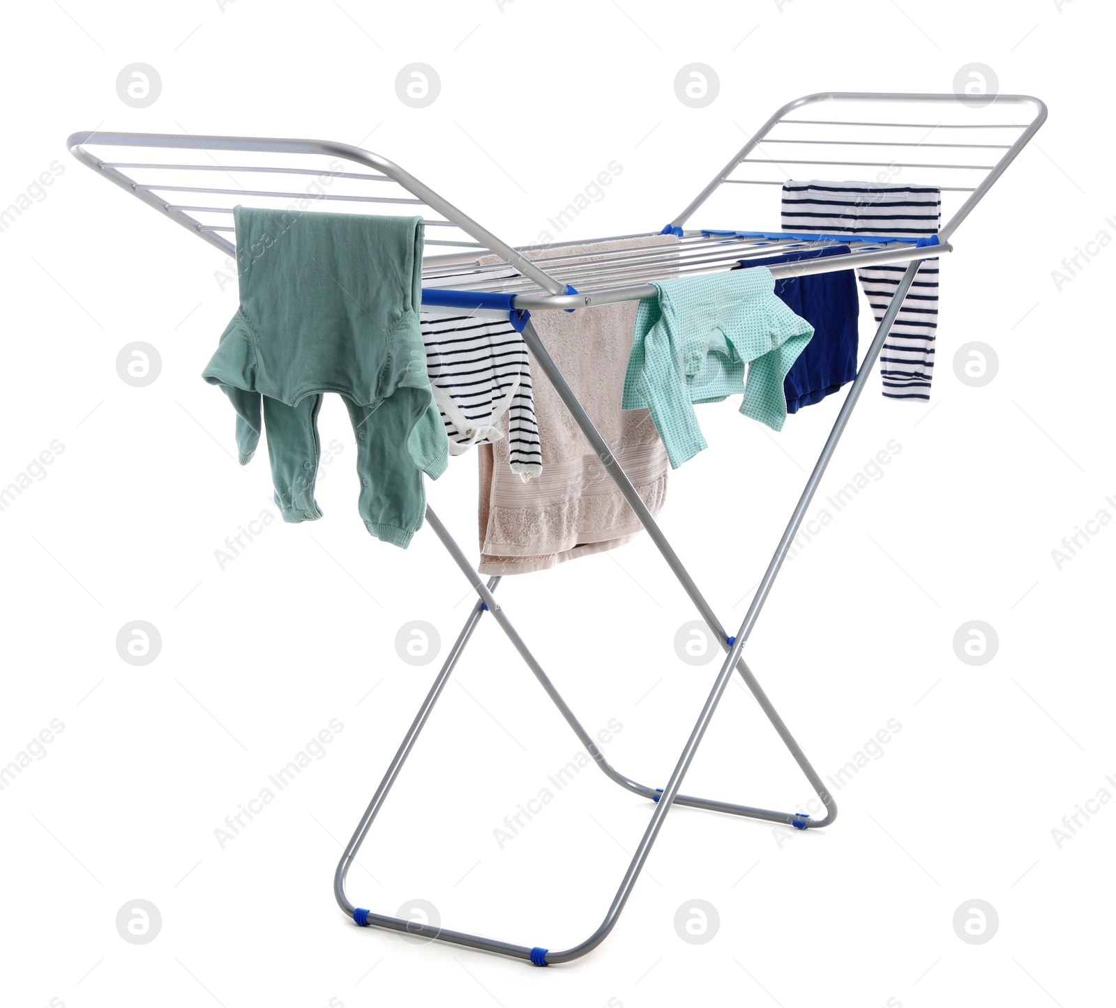 Photo of Modern drying rack with clothes on white background