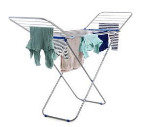 Photo of Modern drying rack with clothes on white background