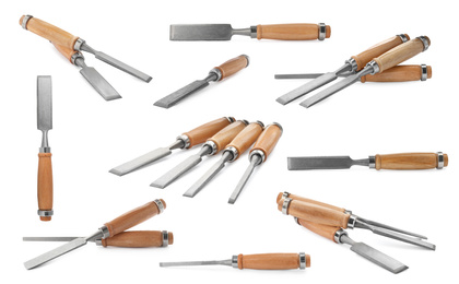 Image of Collage with chisels on white background. Carpenter's tools