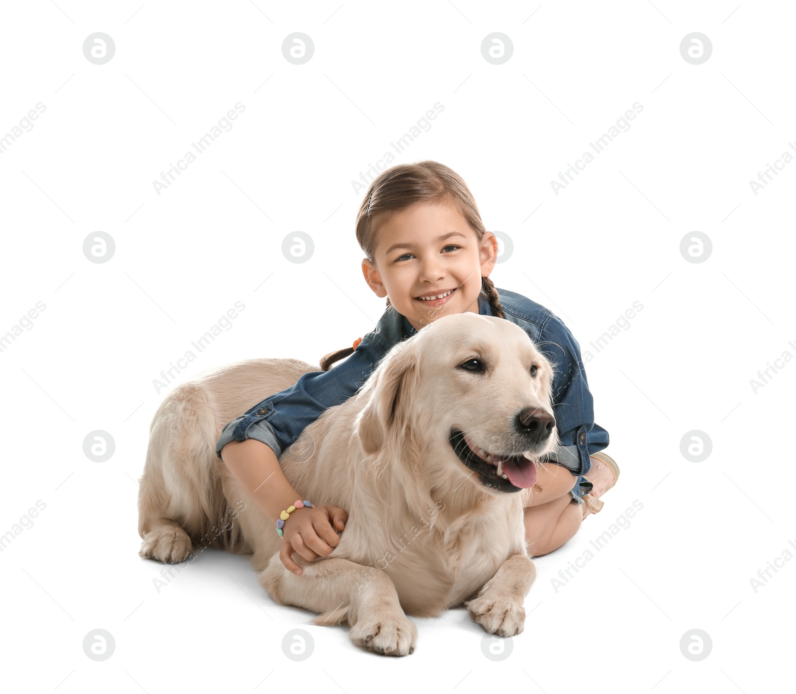 Photo of Cute little child with his pet on white background