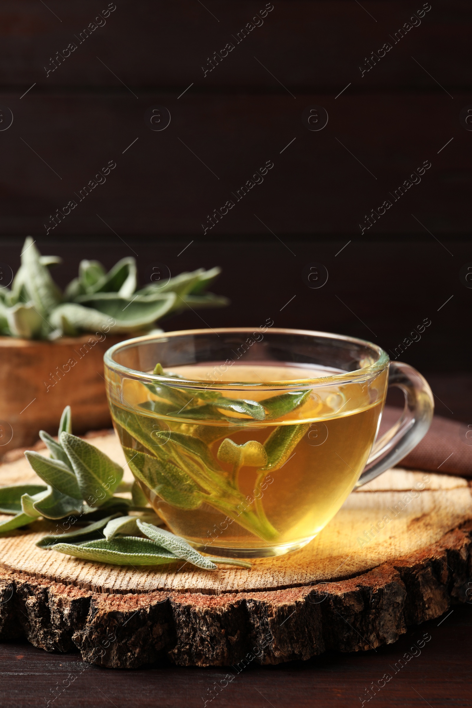 Photo of Cup of aromatic sage tea and fresh leaves on wooden table. Space for text