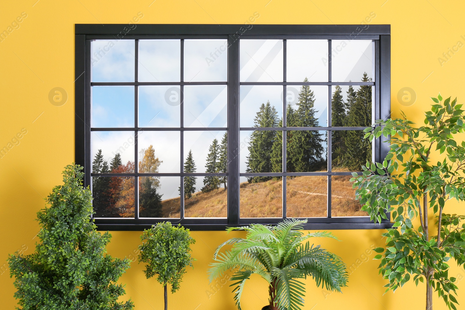 Image of Beautiful view of mountain landscape through window