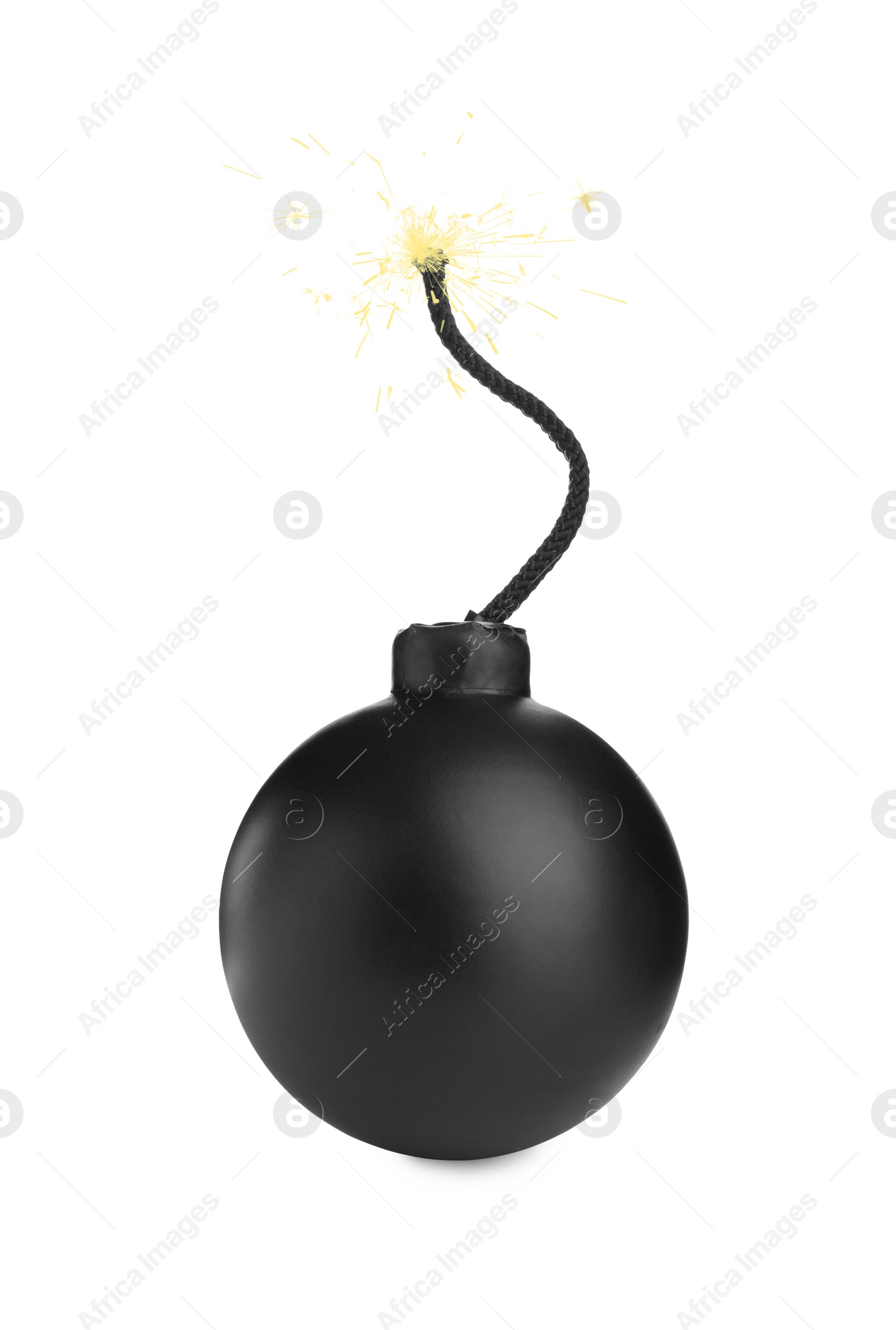 Photo of Old fashioned black bomb with lit fuse on white background