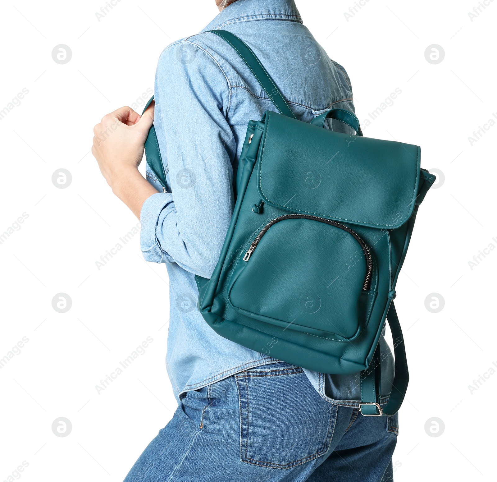 Photo of Fashionable young woman with backpack isolated on white, closeup