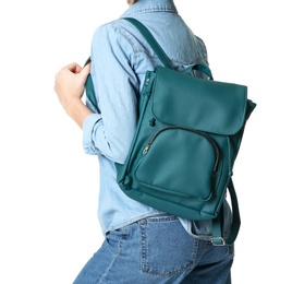 Photo of Fashionable young woman with backpack isolated on white, closeup