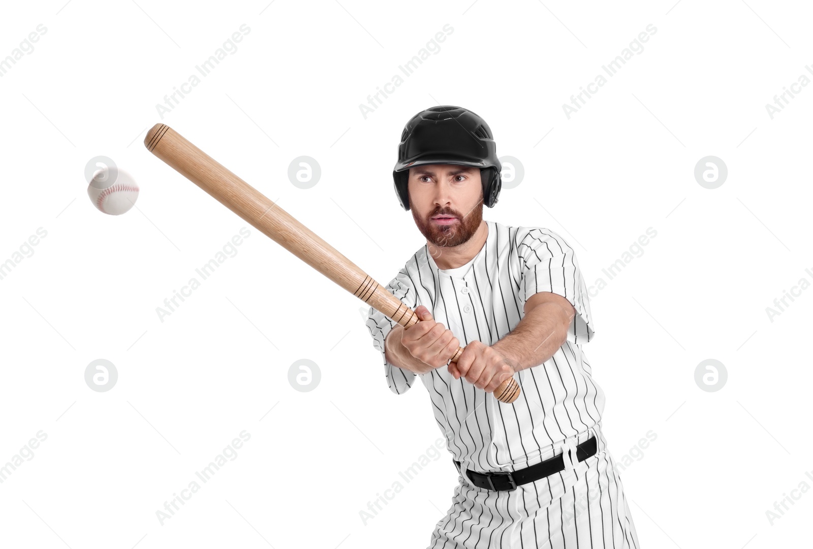 Photo of Baseball player hitting ball with bat on white background