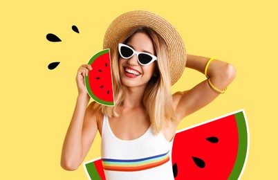 Pretty young woman with juicy watermelon on light yellow background, stylish collage design. Summer vibes