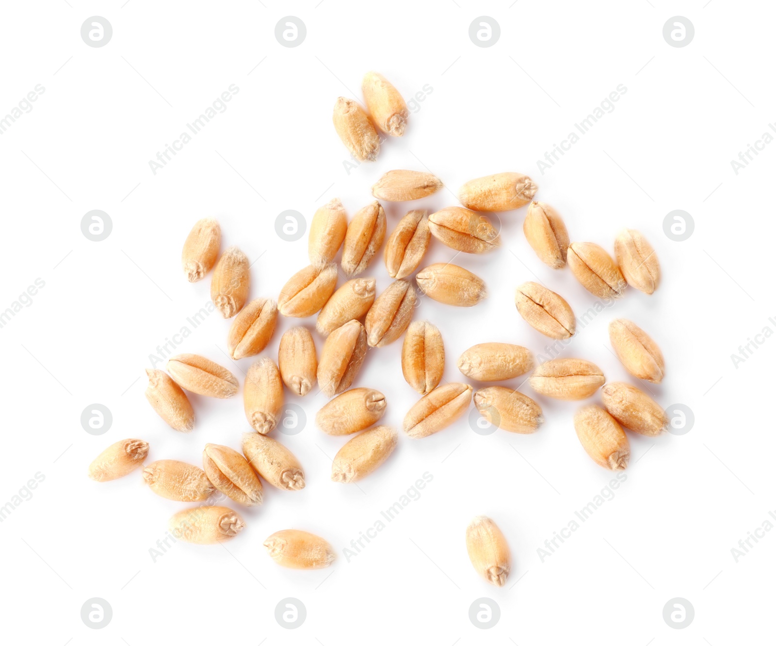 Photo of Pile of wheat grains on white background, top view