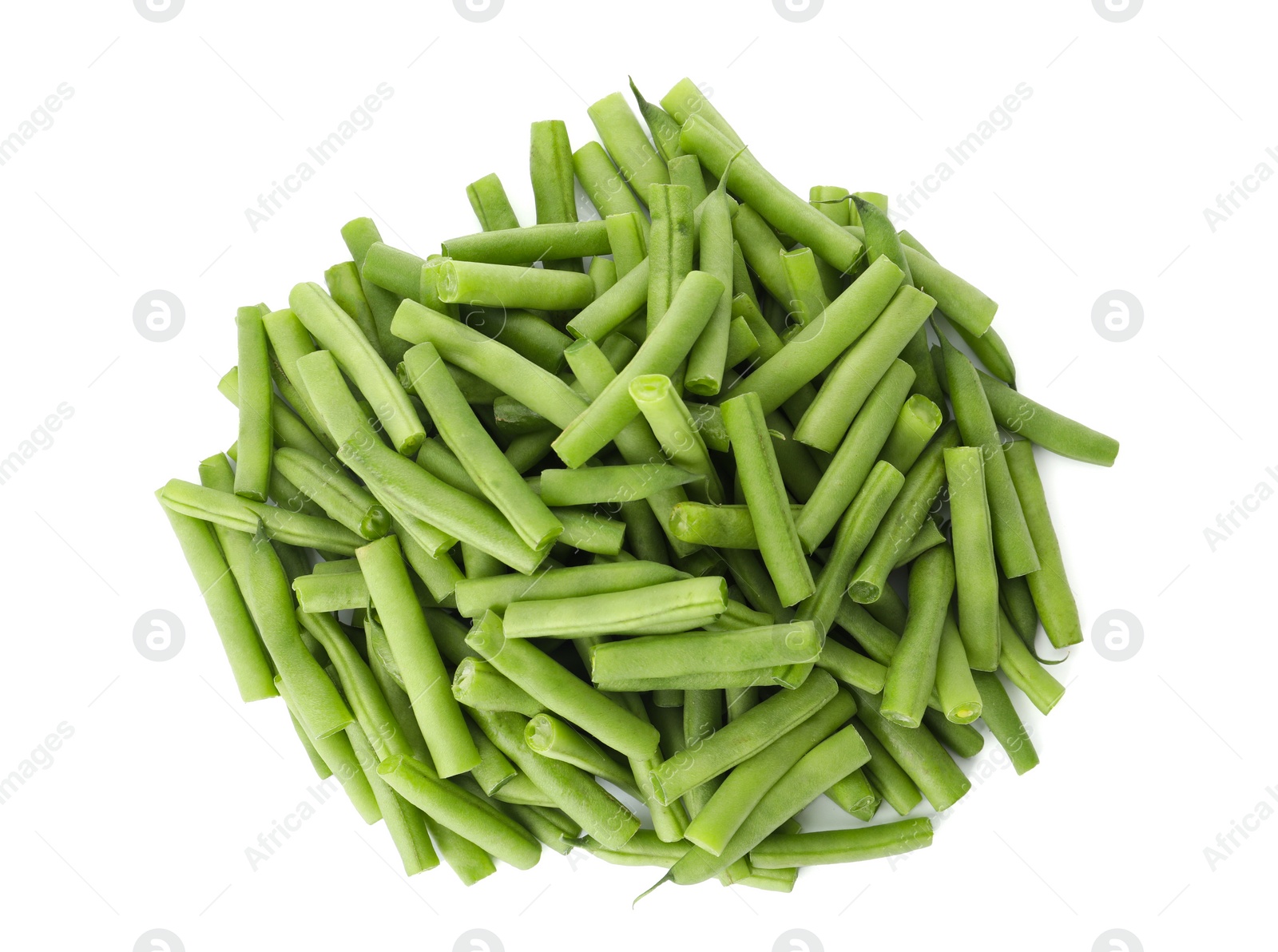 Photo of Delicious fresh green beans on white background, top view