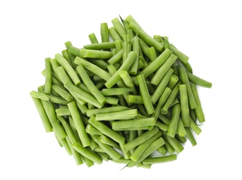 Delicious fresh green beans on white background, top view
