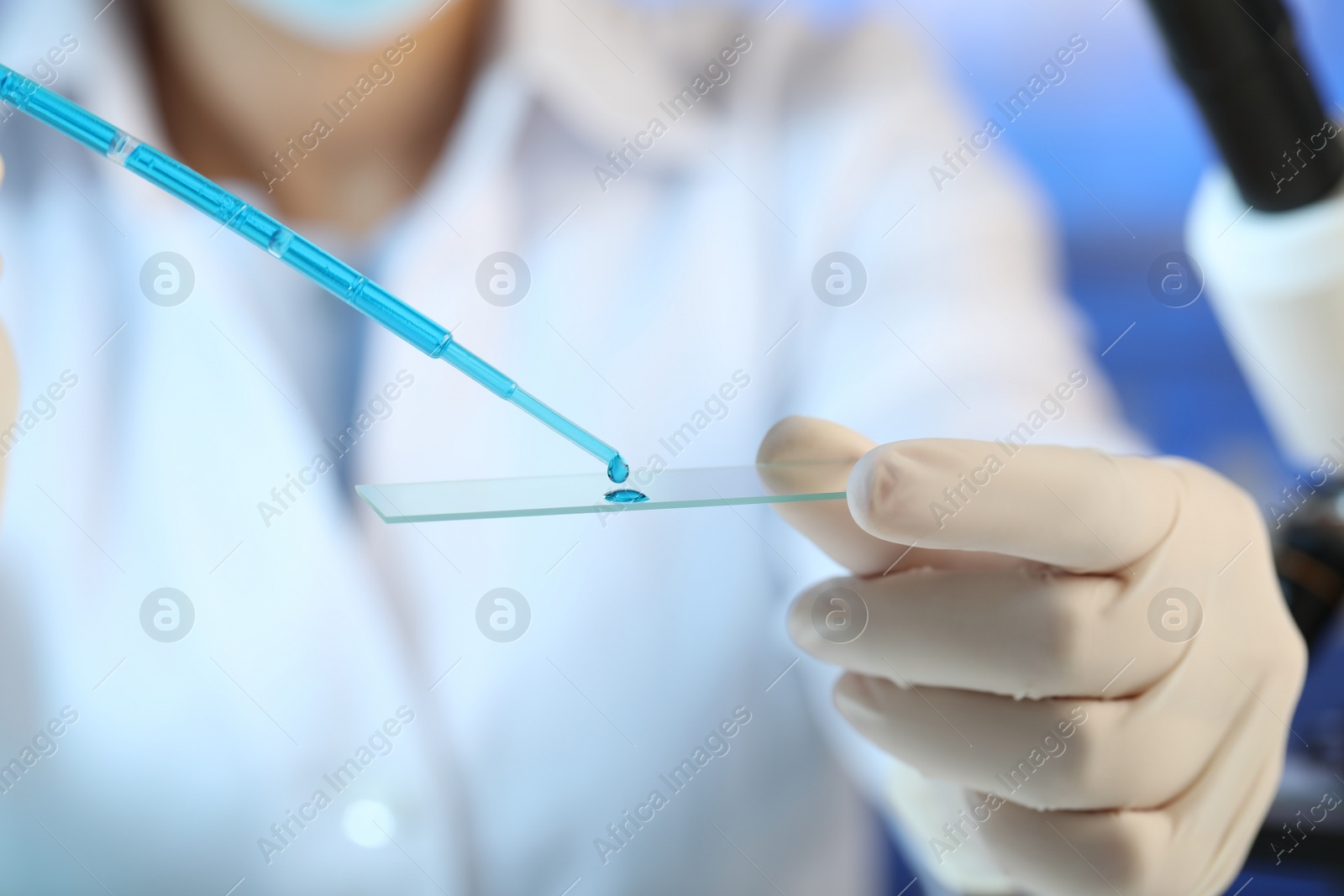 Photo of Scientist dripping sample of light blue liquid onto microscope slide in laboratory, closeup