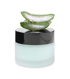 Photo of Jar of natural gel and cut aloe isolated on white