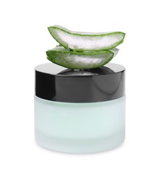 Jar of natural gel and cut aloe isolated on white