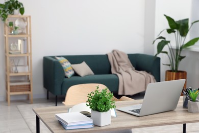 Photo of Workspace with cosy furniture and potted plants