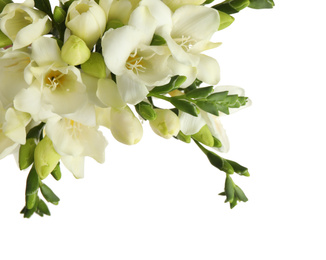 Photo of Beautiful aromatic freesia bouquet isolated on white