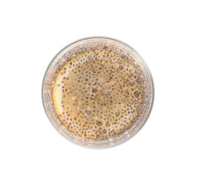 Glass of water with chia seeds on white background, top view