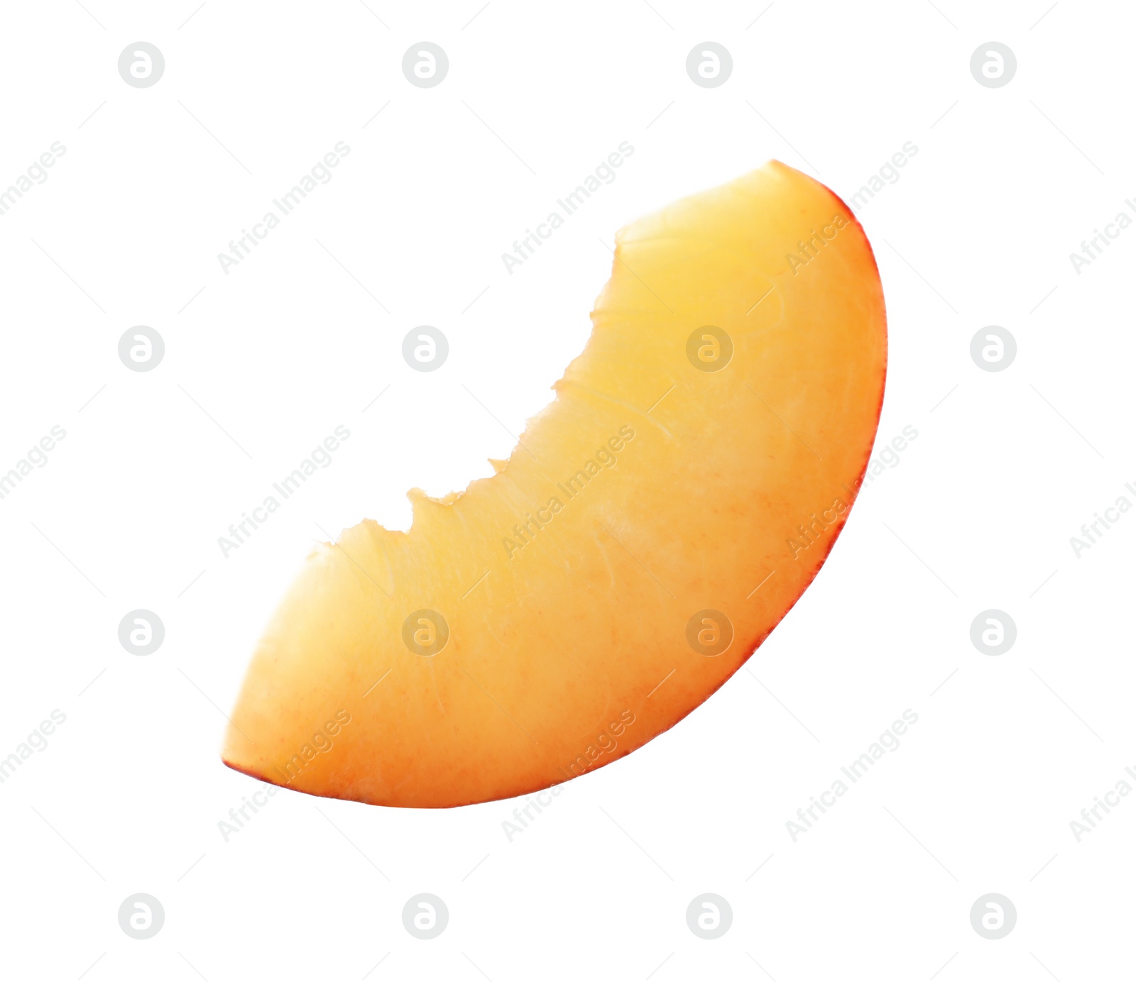 Photo of Slice of sweet juicy peach on white background