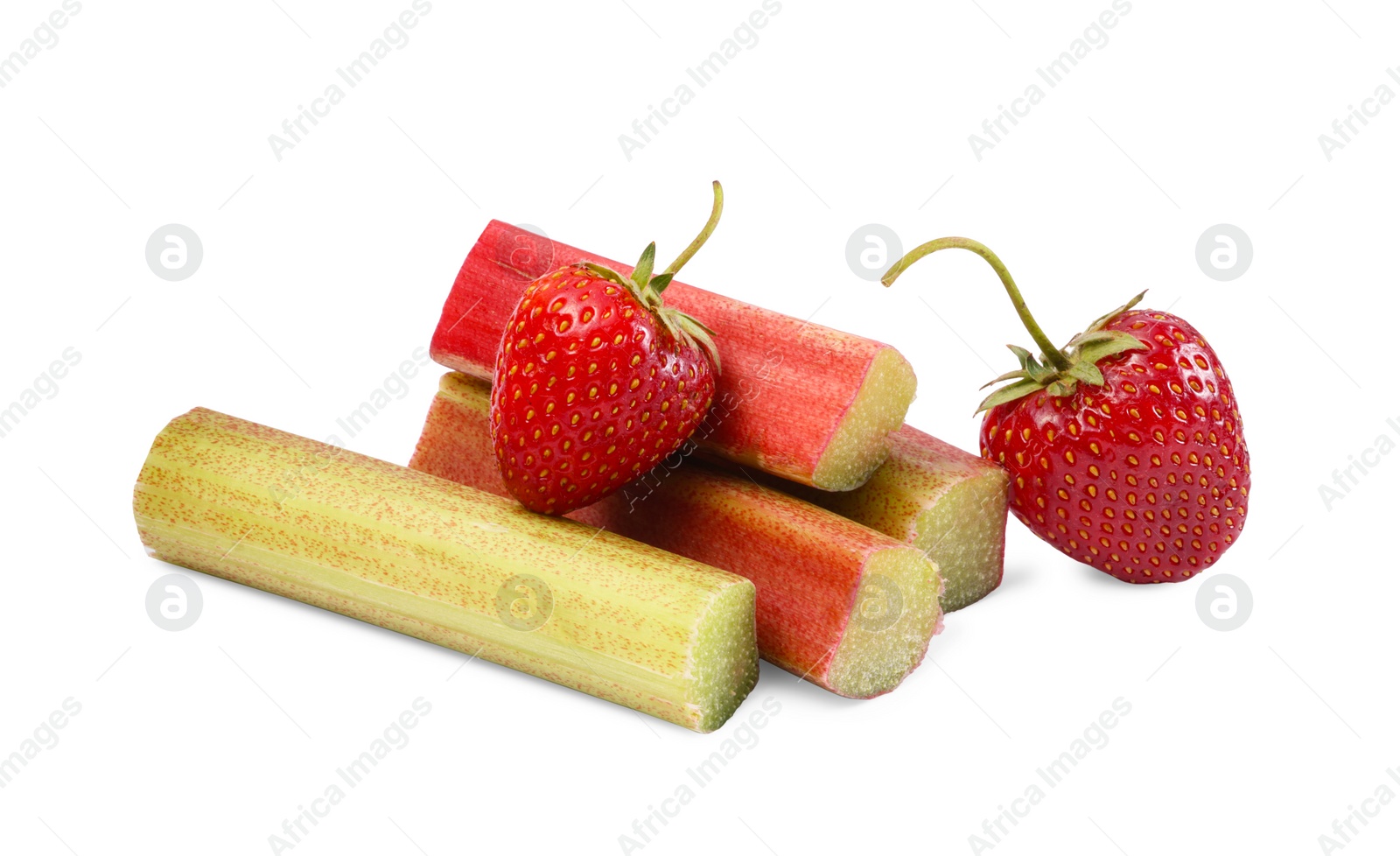 Photo of Stalks of fresh rhubarb and strawberries isolated on white