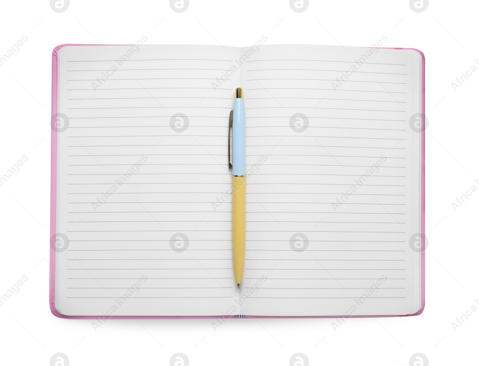 Photo of Open blank office notebook and pen isolated on white, top view