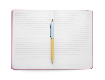 Open blank office notebook and pen isolated on white, top view