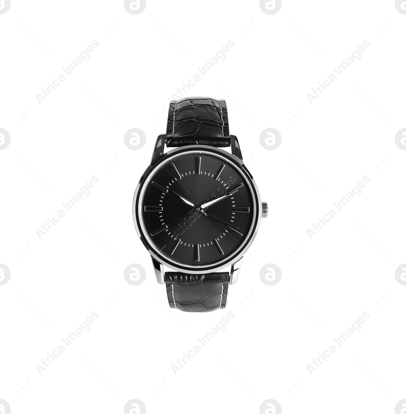 Photo of Black luxury watch with leather band isolated on white