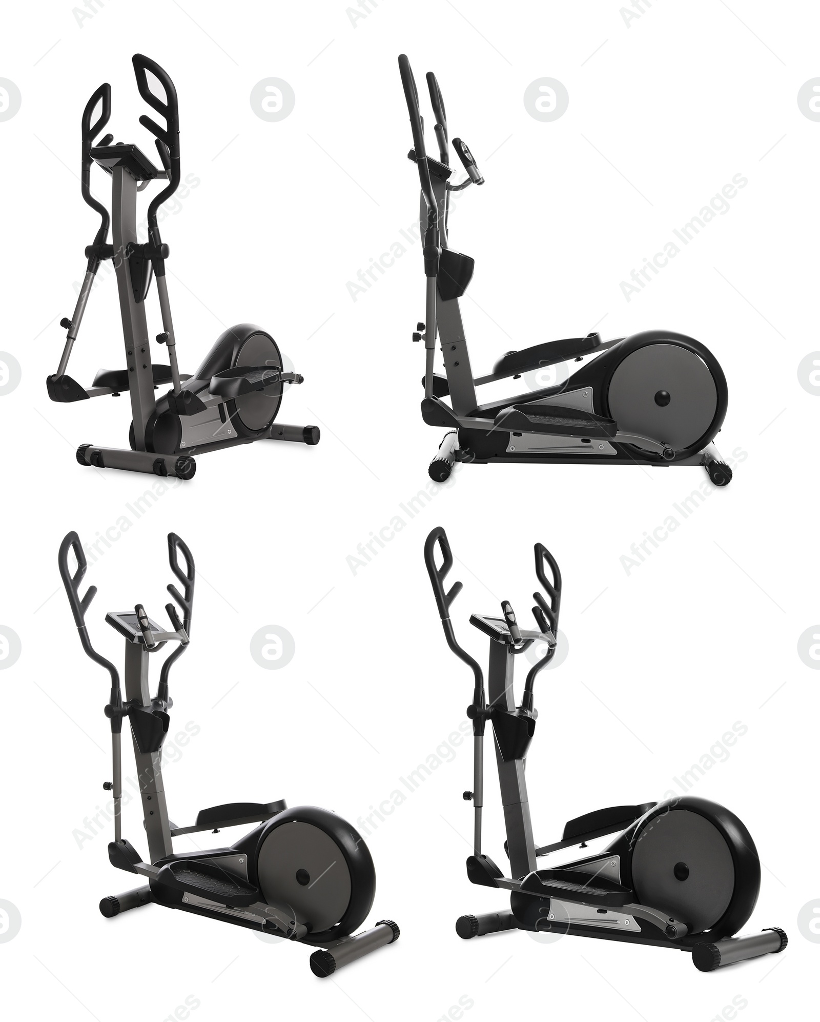 Image of Set with modern elliptical machines on white background