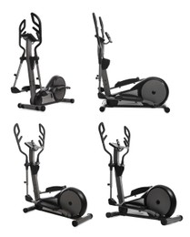 Image of Set with modern elliptical machines on white background