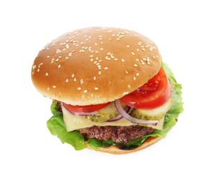 Photo of Burger with delicious patty isolated on white