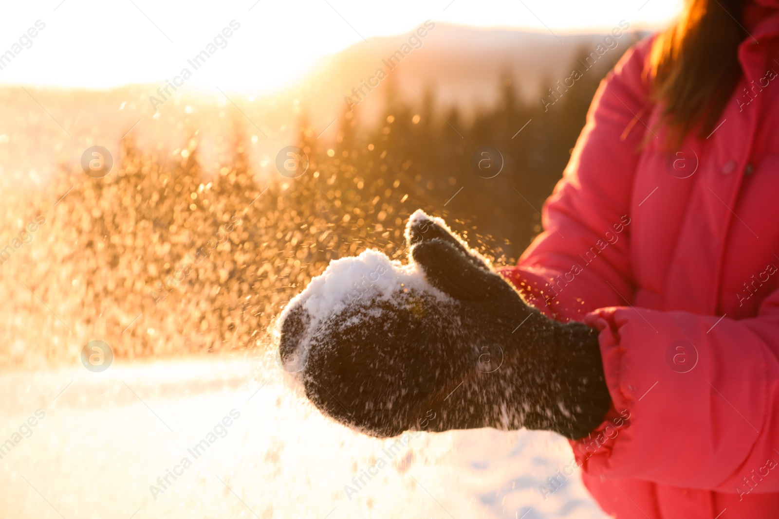 Photo of Woman holding pile of snow outdoors, closeup. Winter vacation