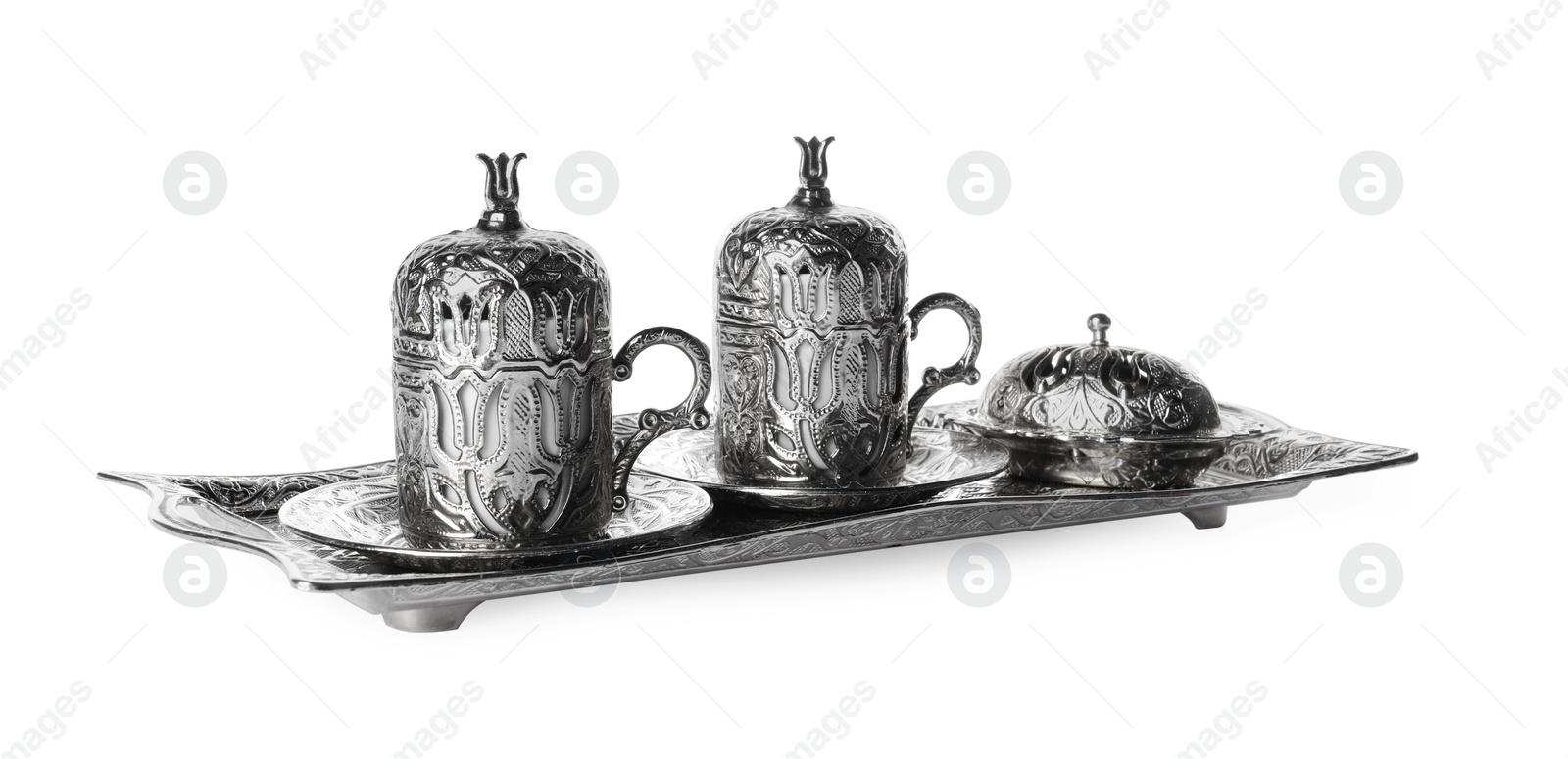 Photo of Beautiful vintage tea set on white background