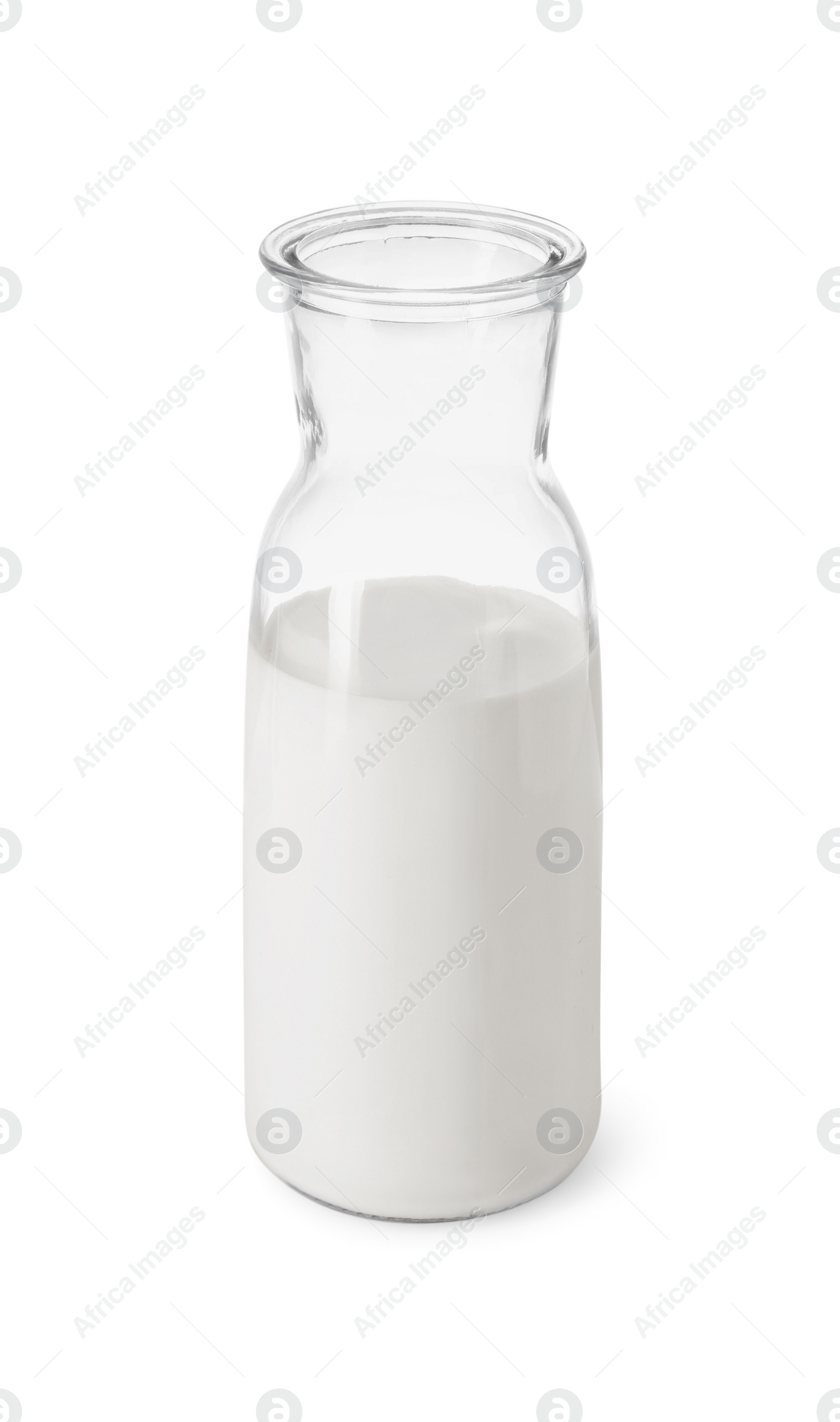 Photo of Glass carafe of fresh milk isolated on white