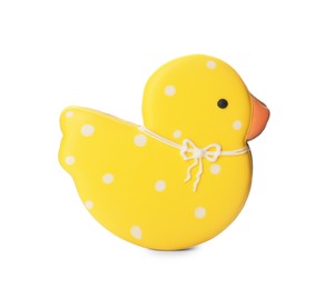 Tasty cookie in shape of cute duckling isolated on white