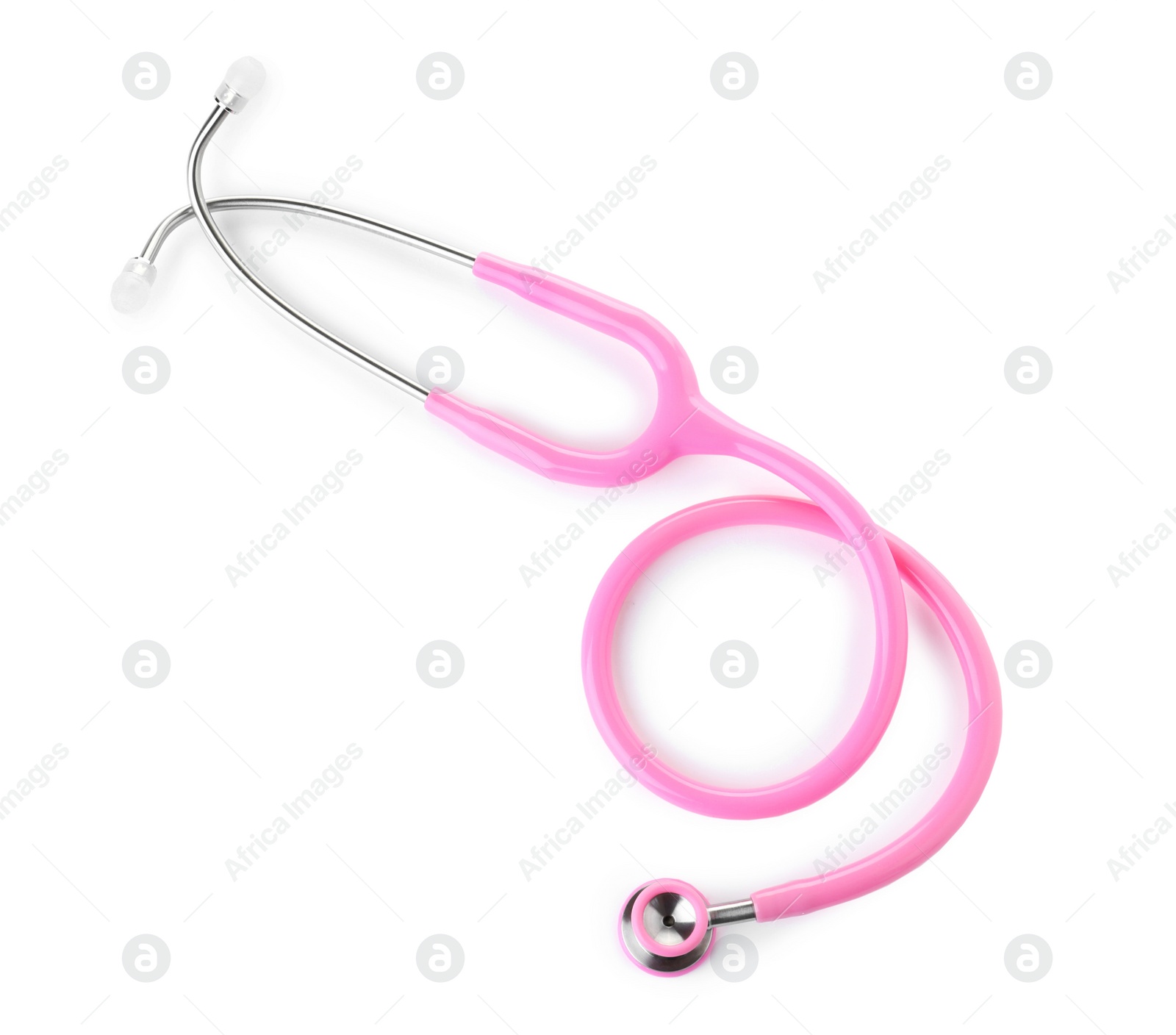 Photo of Stethoscope on white background, top view. Medical device