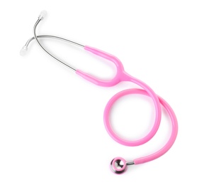 Photo of Stethoscope on white background, top view. Medical device