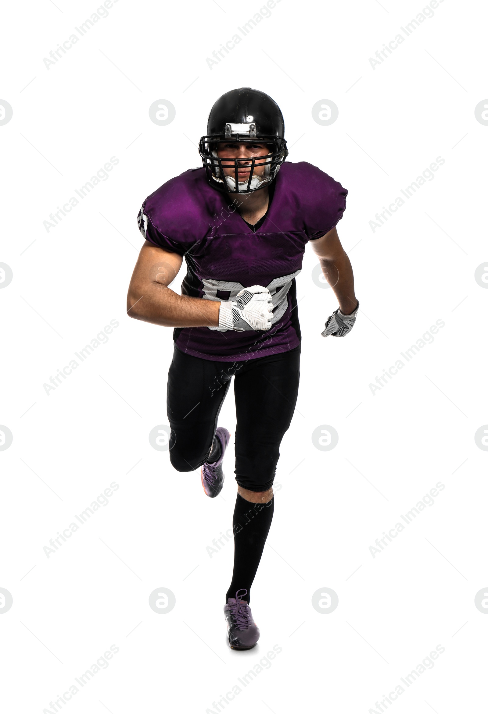 Photo of American football player wearing uniform on white background