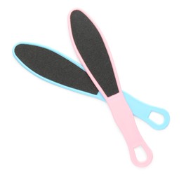 Photo of Colorful foot files on white background, top view. Pedicure tools