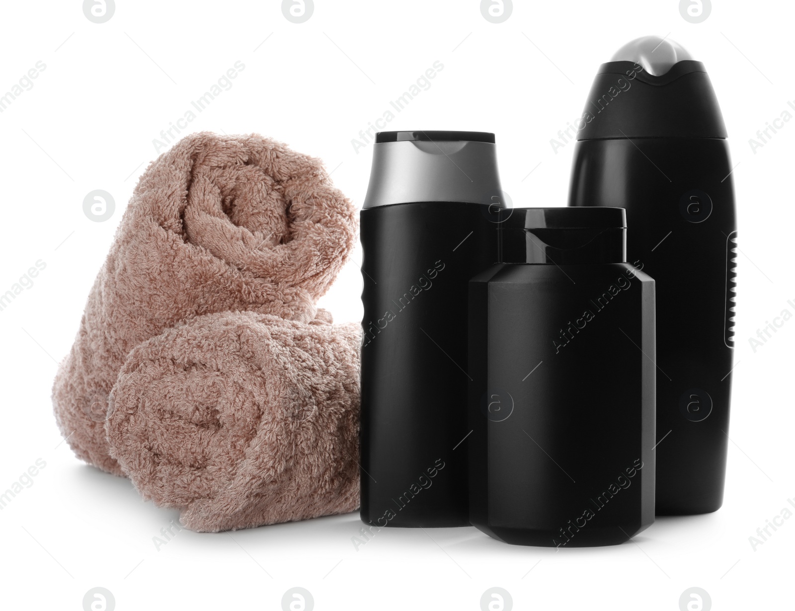 Photo of Personal hygiene products and towels on white background