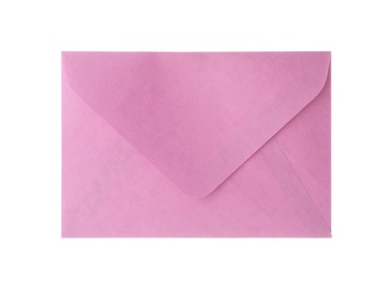 Pink paper envelope isolated on white. Mail service