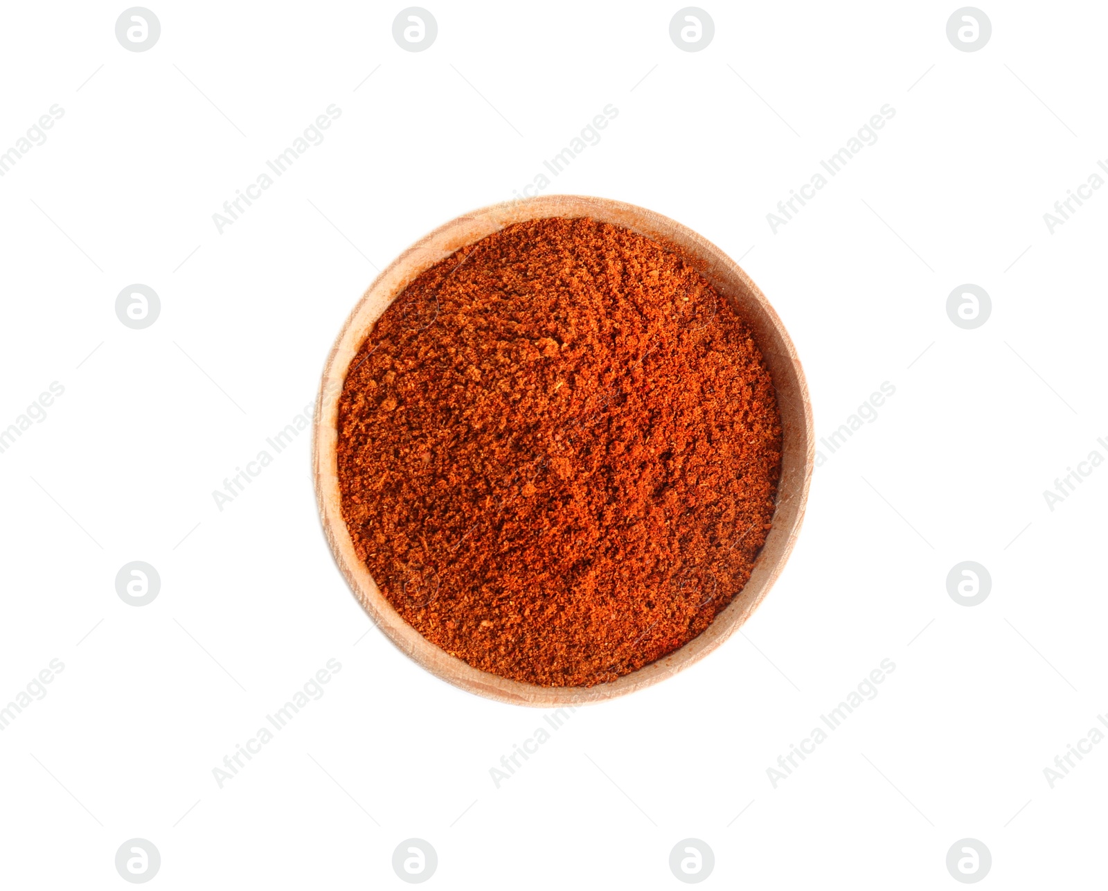 Photo of Bowl of ground pepper isolated on white, top view