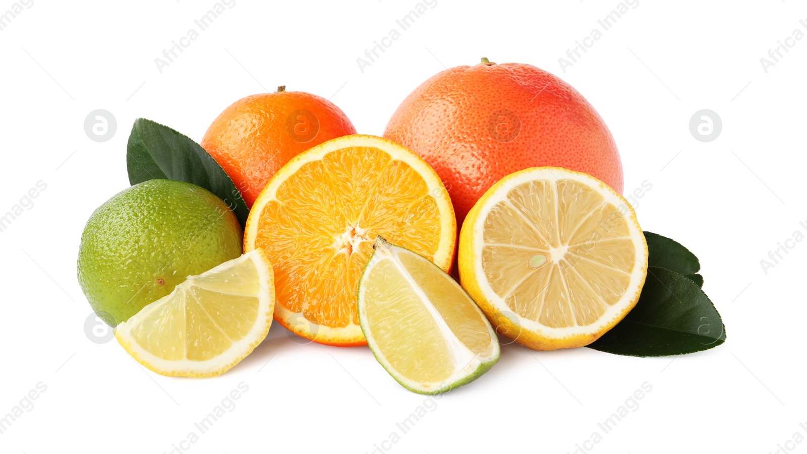 Photo of Fresh ripe citrus fruits and green leaves isolated on white