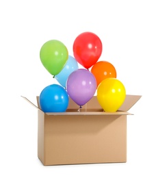 Gift box with bright air balloons on white background